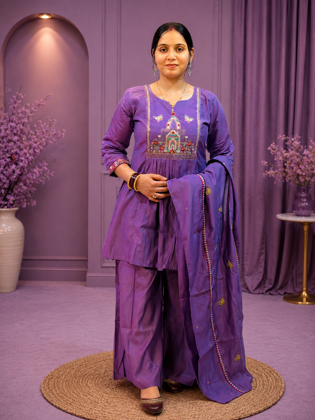 Purple Embroidered Kurta Palazzo Set with Dupatta | Women's Ethnic Wear