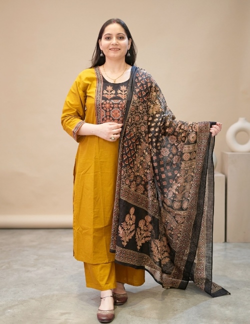 Navy Blue & Mustard Yellow Embroidered Kurta Pant Set with Dupatta