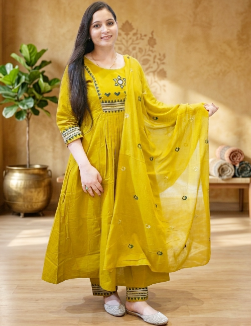 Mustard Yellow Embroidered Anarkali Set