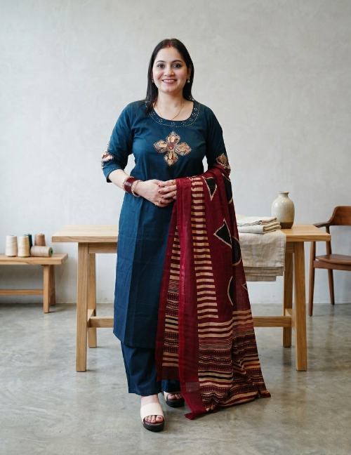 Midnight Heritage Mirror Work Pure Cotton Suit Set