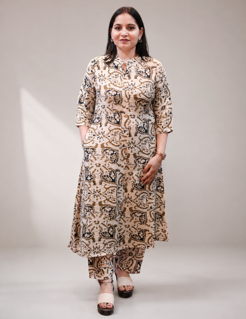 Vory Cream with Brown & Black Printed Kurta Pant Set