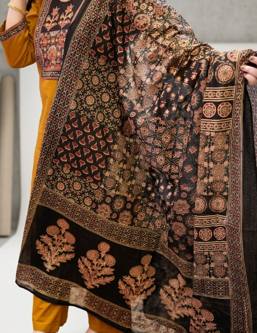 Navy Blue & Mustard Yellow Embroidered Kurta Pant Set with Dupatta