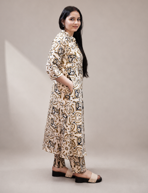 Vory Cream with Brown & Black Printed Kurta Pant Set