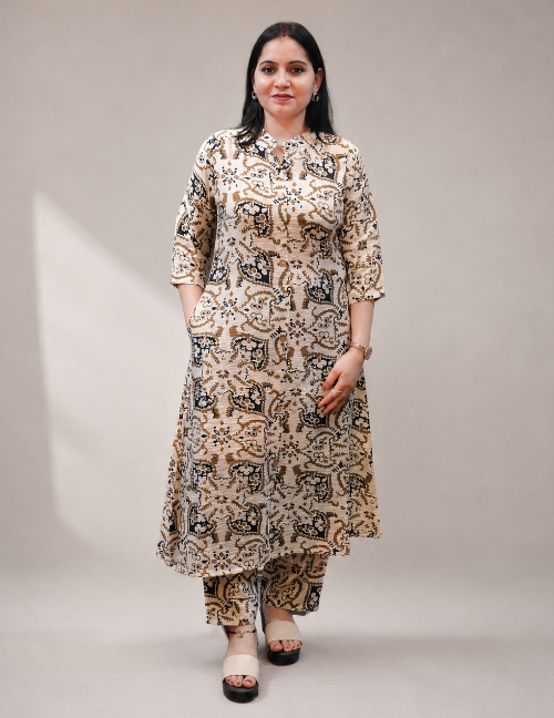Vory Cream with Brown & Black Printed Kurta Pant Set