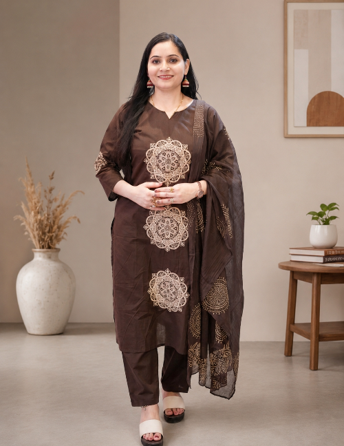 Chocolate Brown Printed Suit Set with Dupatta
