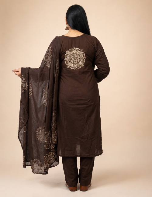 Chocolate Brown Printed Suit Set with Dupatta