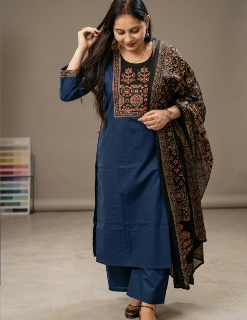 Navy Blue & Mustard Yellow Embroidered Kurta Pant Set with Dupatta