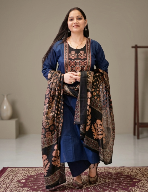 Navy Blue & Mustard Yellow Embroidered Kurta Pant Set with Dupatta